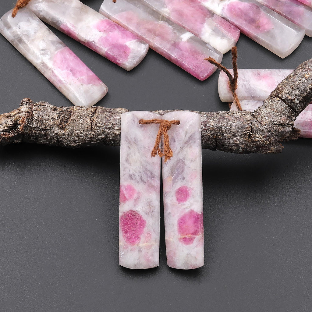Natural Pink Tourmaline in Quartz Rectangle Earring Drilled Matched Gemstone Bead Pair A9