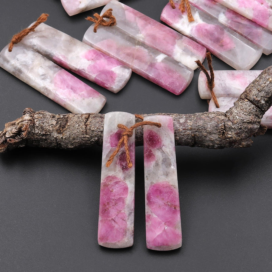 Natural Pink Tourmaline in Quartz Rectangle Earring Drilled Matched Gemstone Bead Pair A10