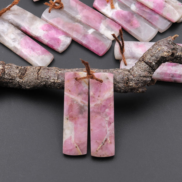 Natural Pink Tourmaline in Quartz Rectangle Earring Drilled Matched Gemstone Bead Pair A11