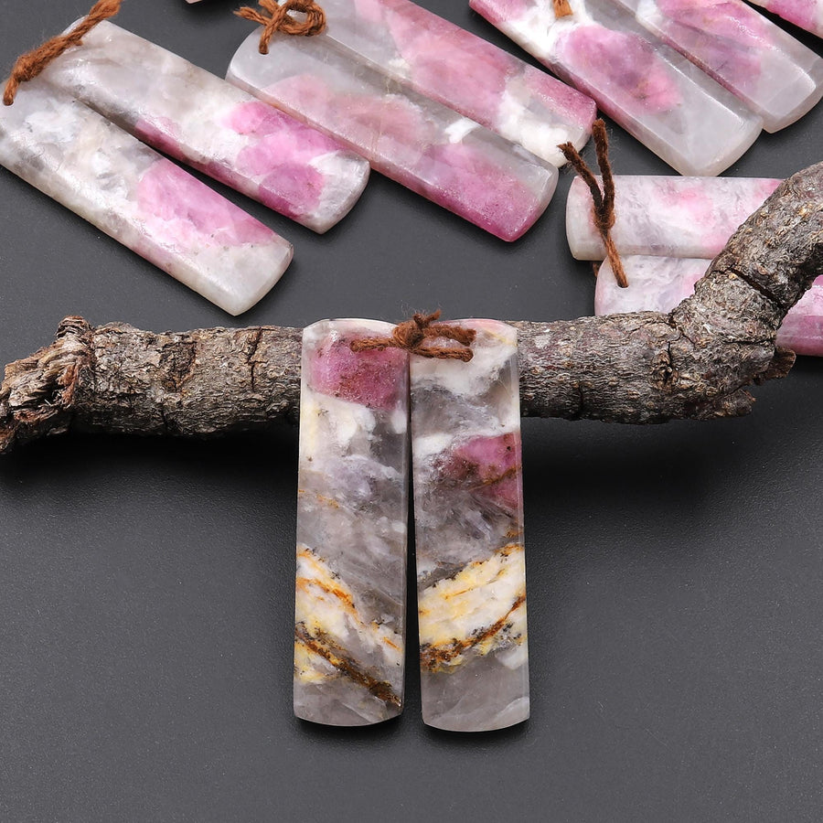 Natural Pink Tourmaline in Quartz Rectangle Earring Drilled Matched Gemstone Bead Pair A13
