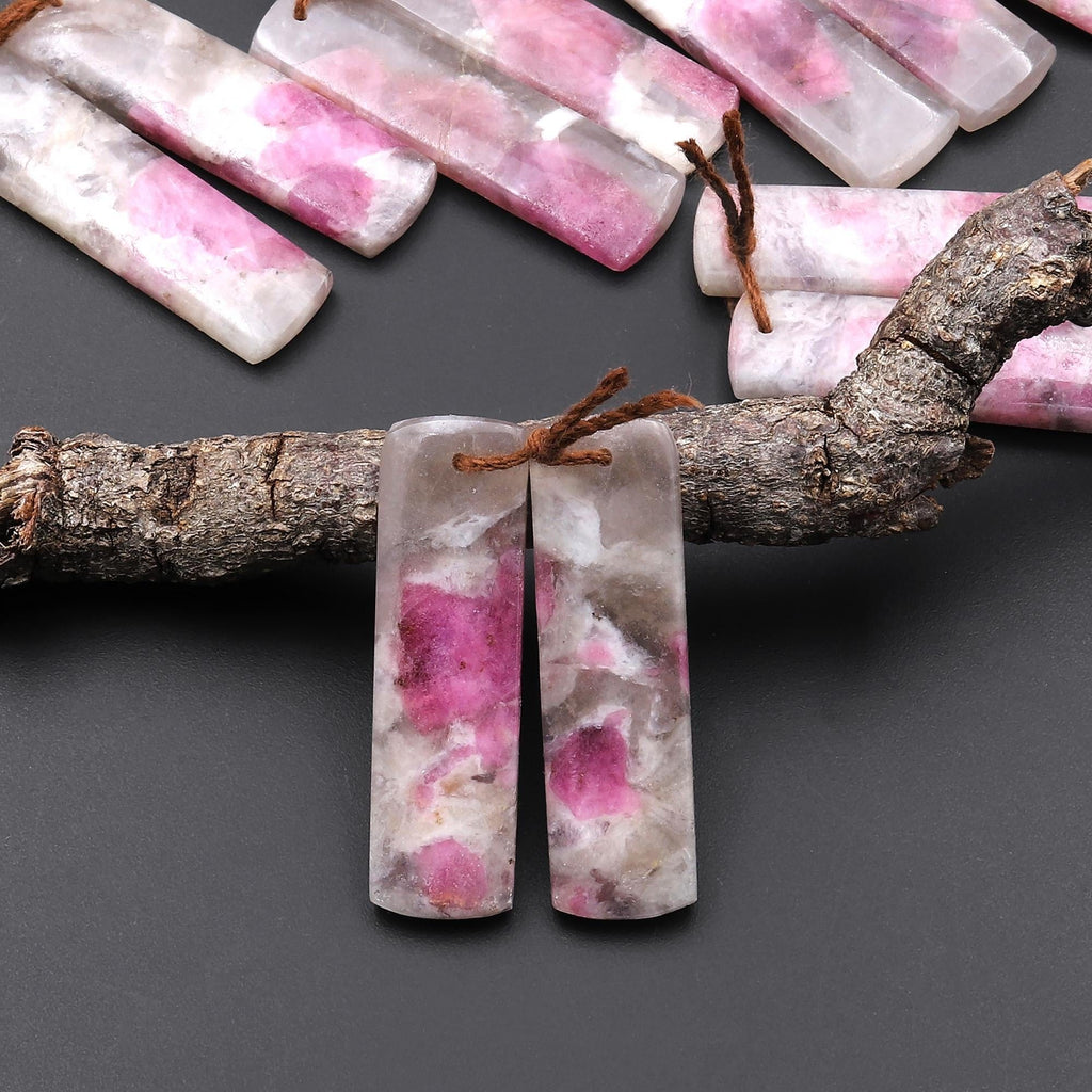Natural Pink Tourmaline in Quartz Rectangle Earring Drilled Matched Gemstone Bead Pair A15