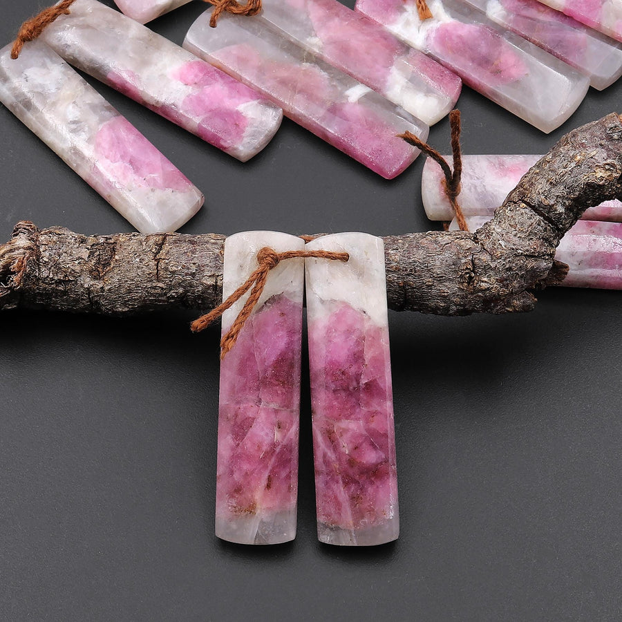Natural Pink Tourmaline in Quartz Rectangle Earring Drilled Matched Gemstone Bead Pair A16