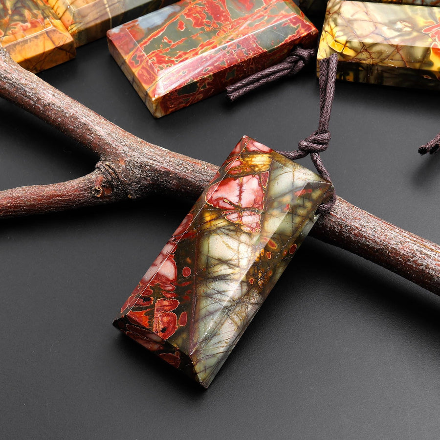 Natural Red Creek Jasper Rectangle Tile Pendant Mahjong Style Faceted Edges Aka Multicolor Picasso Jasper