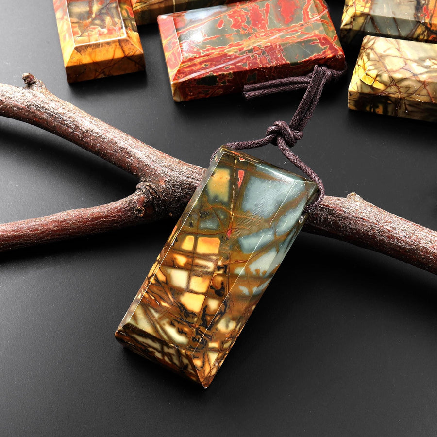 Natural Red Creek Jasper Rectangle Tile Pendant Mahjong Style Faceted Edges Aka Multicolor Picasso Jasper