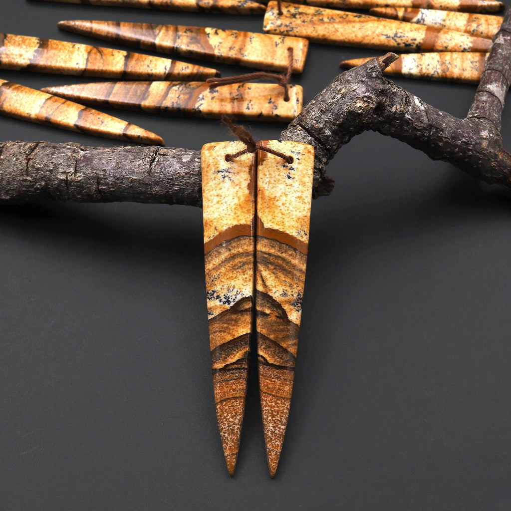 AAA Drilled Natural Scenic Picture Jasper Oblong Triangle Dagger Earring Cabochon Matched Gemstone Bead Pair A8