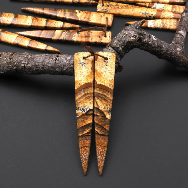 AAA Drilled Natural Scenic Picture Jasper Oblong Triangle Dagger Earring Cabochon Matched Gemstone Bead Pair A8