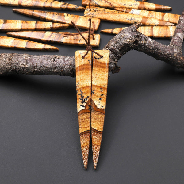 AAA Drilled Natural Scenic Picture Jasper Oblong Triangle Dagger Earring Cabochon Matched Gemstone Bead Pair A5