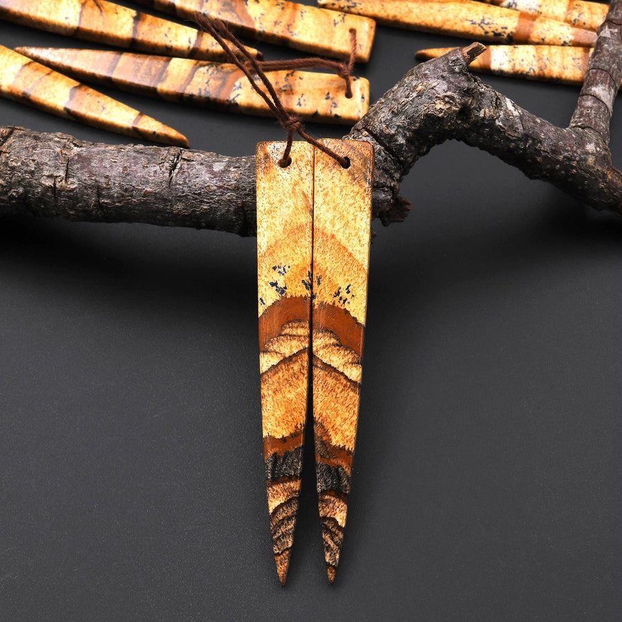 AAA Drilled Natural Scenic Picture Jasper Oblong Triangle Dagger Earring Cabochon Matched Gemstone Bead Pair