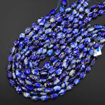 AAA Rare Natural Blue Lapis Smooth Oval Beads w/ White Calcite Golden Pyrite Matrix 15.5" Strand