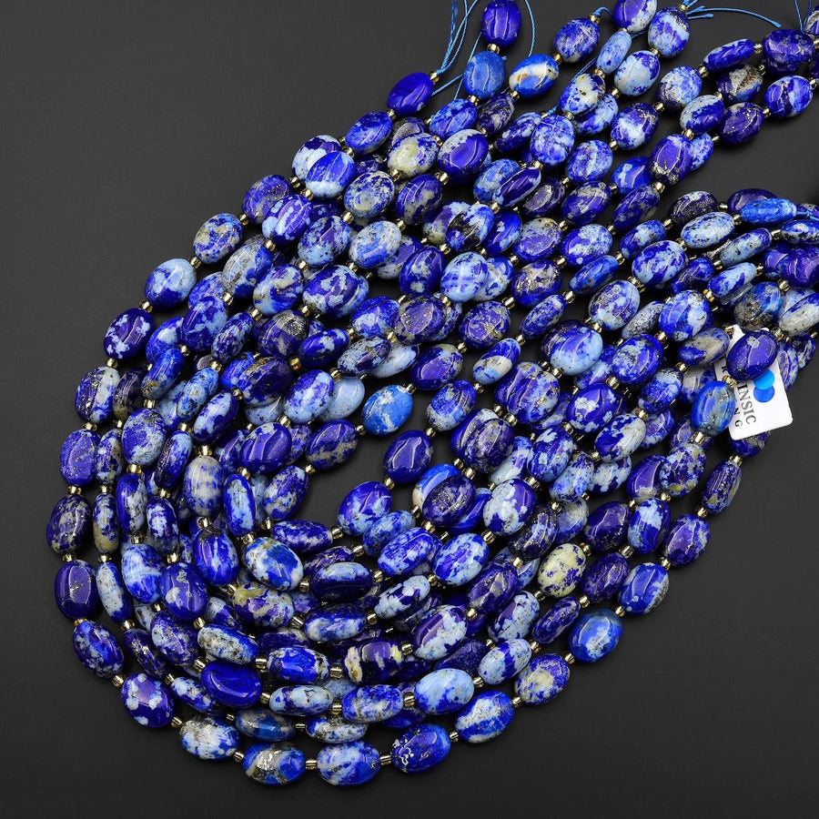 AAA Rare Natural Blue Lapis Smooth Oval Beads w/ White Calcite Golden Pyrite Matrix 15.5" Strand