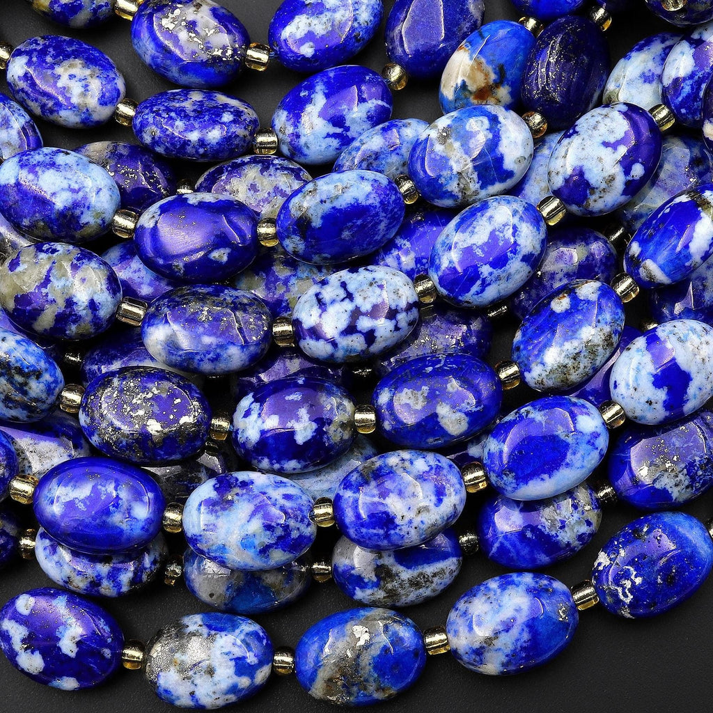 AAA Rare Natural Blue Lapis Smooth Oval Beads w/ White Calcite Golden Pyrite Matrix 15.5" Strand