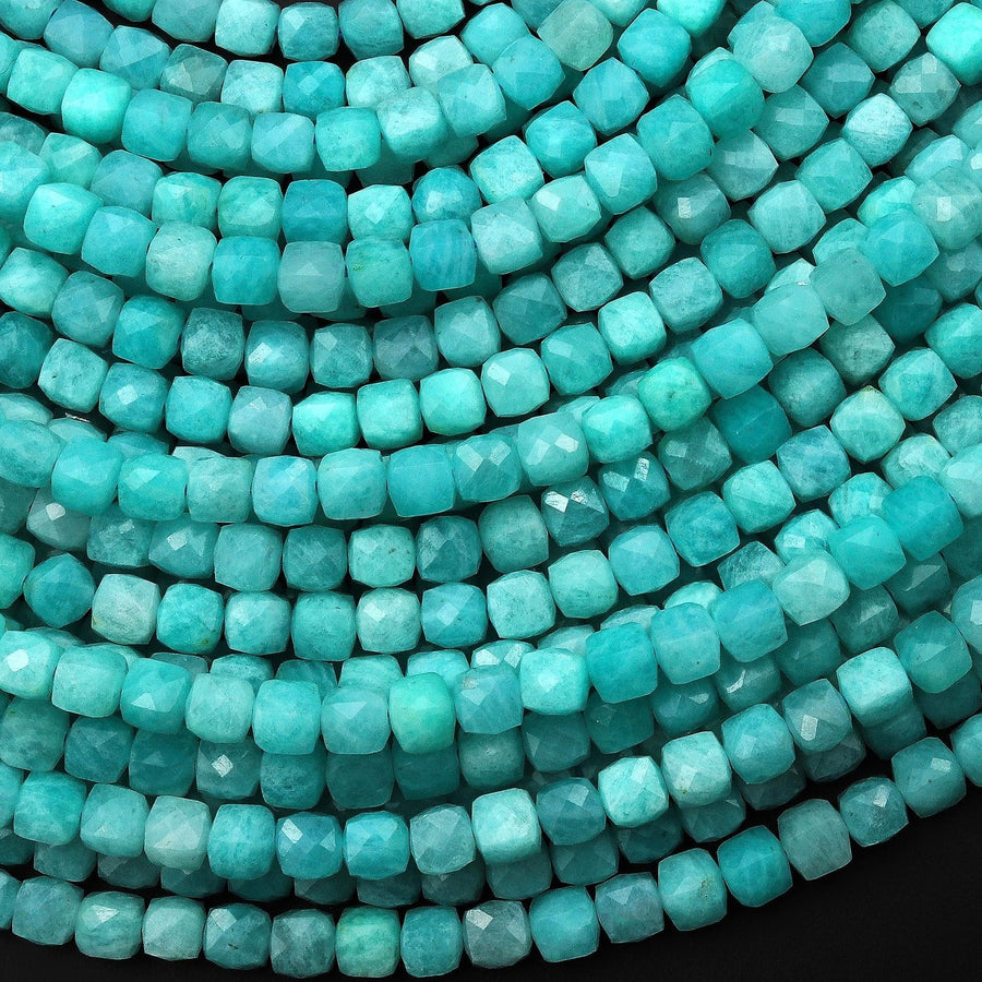 AAA Natural Peruvian Amazonite Faceted 4mm Cube Beads 15.5" Strand