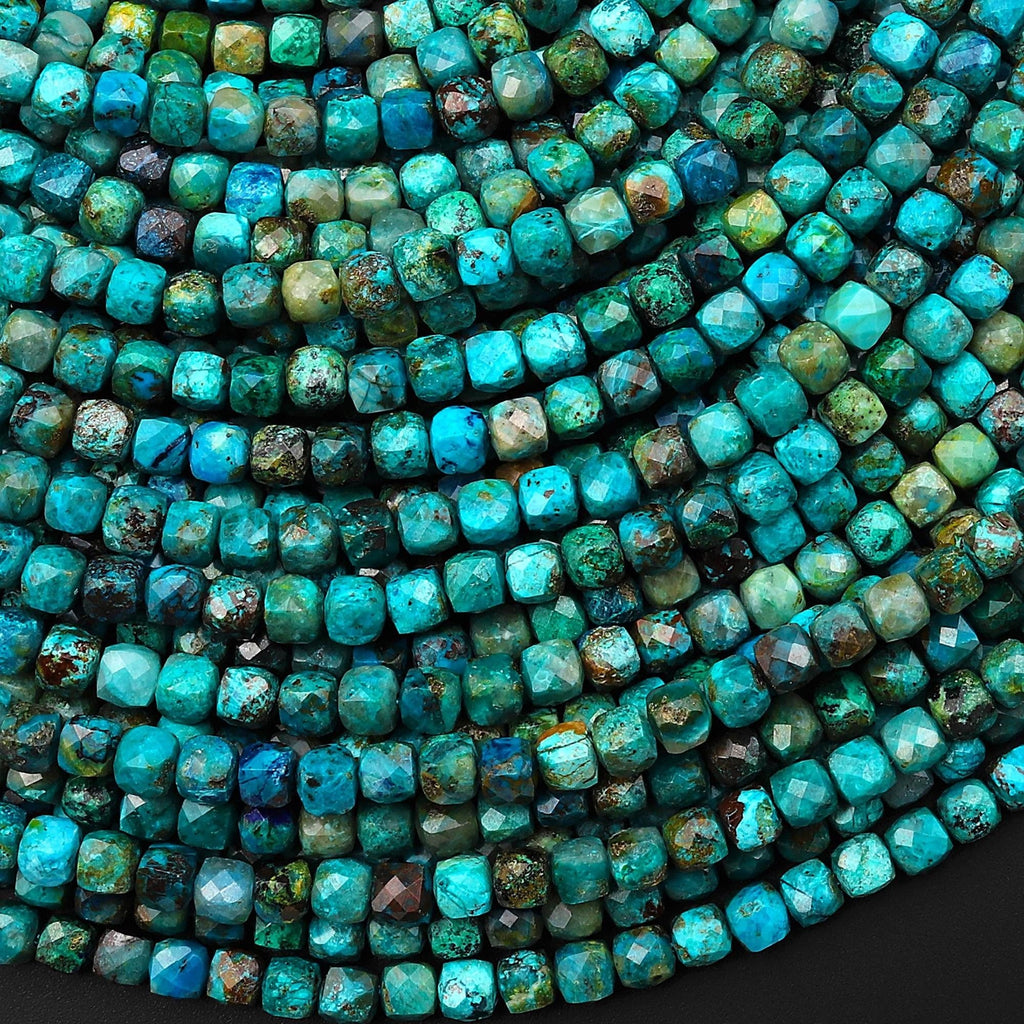 Faceted Natural Arizona Chrysocolla 4mm Cube Gemstone Beads 15.5" Strand