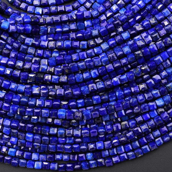 AAA Genuine Natural Blue Lapis Faceted 2mm 3mm Gemstone Cube Beads 15.5" Strand