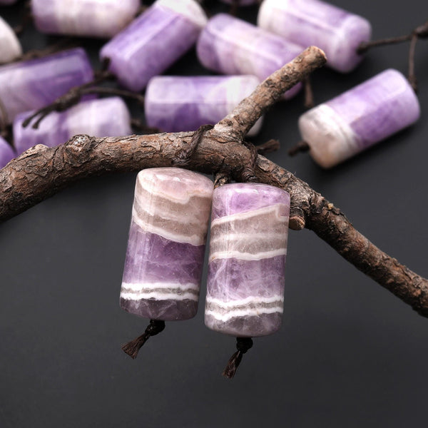 Natural Light Purple Rainbow Amethyst Earring Pair Matched Cylinder Tube 20mm Gemstone Beads A1