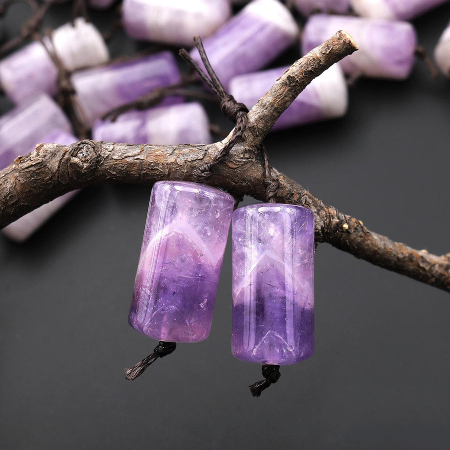 Natural Light Purple Rainbow Amethyst Earring Pair Matched Cylinder Tube 20mm Gemstone Beads