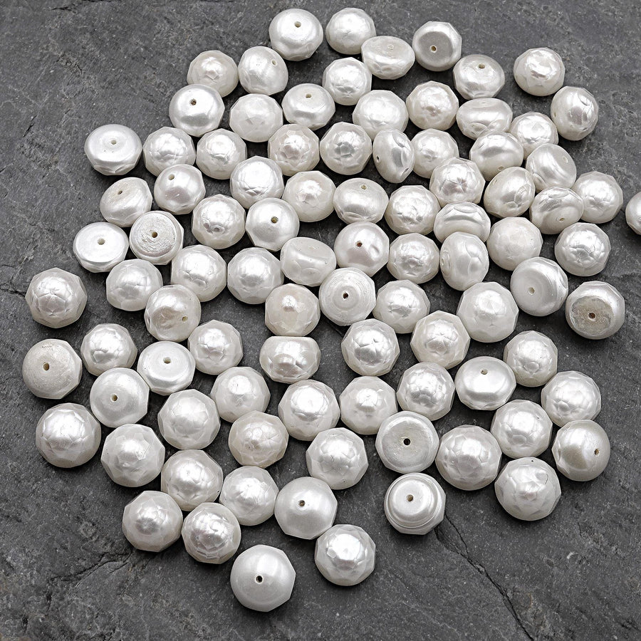 Half Drilled Faceted Genuine Freshwater White Pearl 10mm Button Stud Pair Earrings