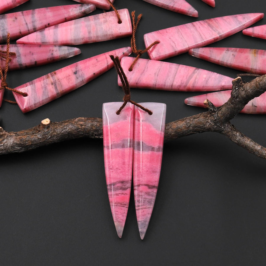 AAA Natural Pink Rhodonite In Quartz Earring Pair Dagger Inverted Triangle Drilled Matched Gemstone Beads