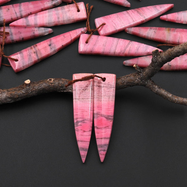 AAA Natural Pink Rhodonite In Quartz Earring Pair Dagger Inverted Triangle Drilled Matched Gemstone Beads A2