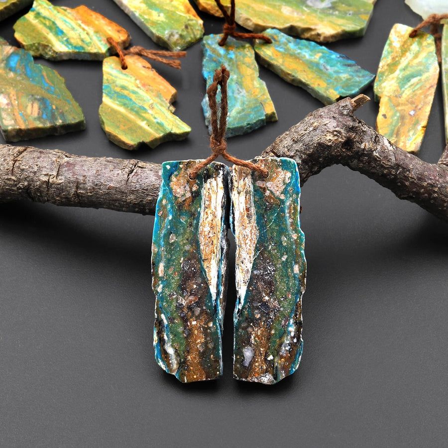 Drilled Natural Peruvian Blue Green Opal Earring Pair Hand Cut Freeform Gemstone Matched Beads A2