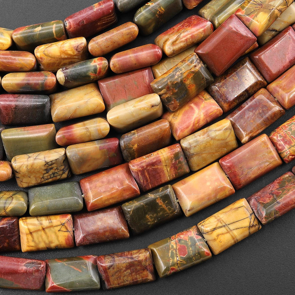 Natural Red Creek Jasper Rectangle Tile Cushion Beads 12x8mm Aka Multicolor Picasso Jasper 15.5" Strand