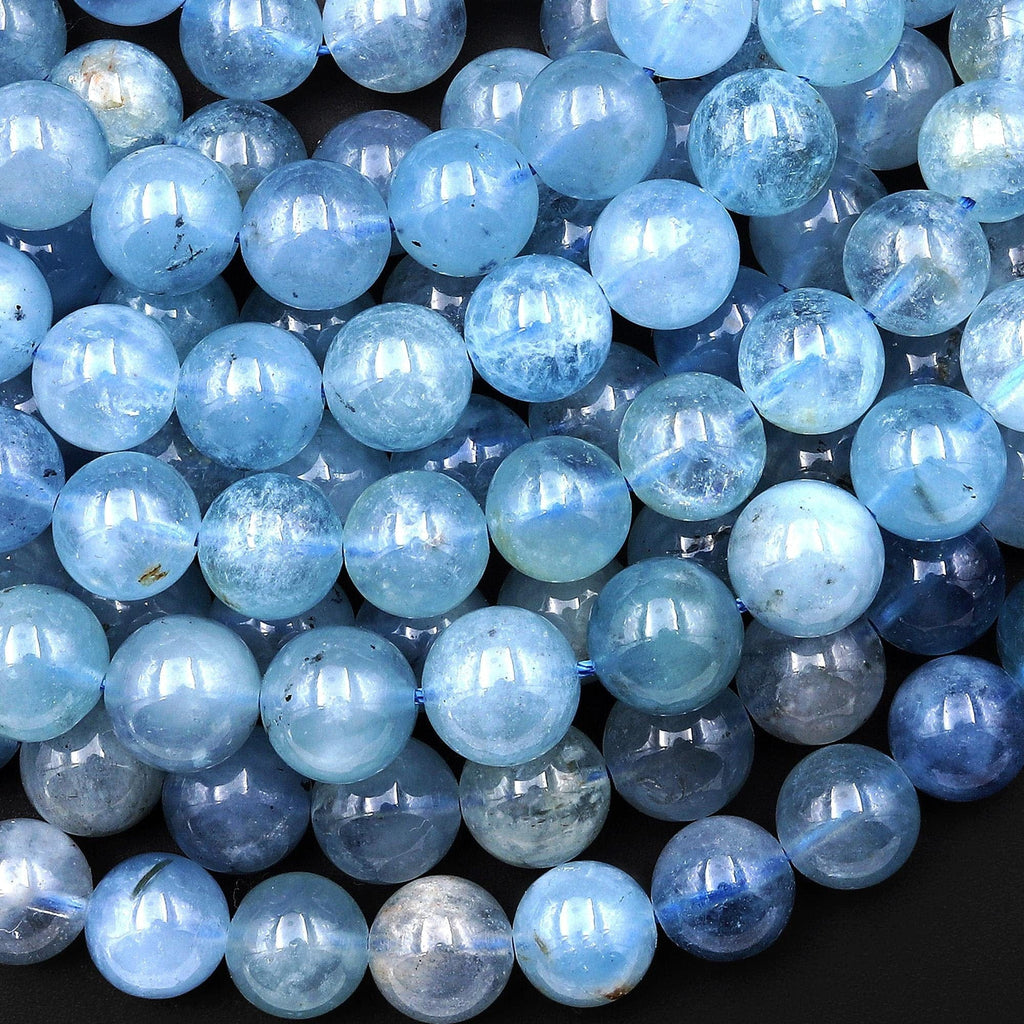 Natural Blue Santa Maria Aquamarine 10mm Smooth Round Beads Gemstone 15.5" Strand