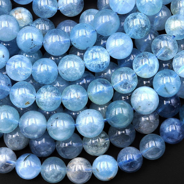 Natural Blue Santa Maria Aquamarine 10mm Smooth Round Beads Gemstone 15.5" Strand