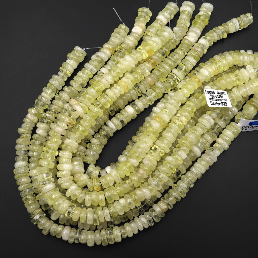 Natural Brazilian Lemon Quartz Smooth Rondelle Wheel Beads Gemstone 15.5" Strand