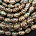 Tibetan Agate Barrel 12x8mm Beads Dzi Agate Green Brown Eye Pattern Antique Boho Beads 15.5" Strand