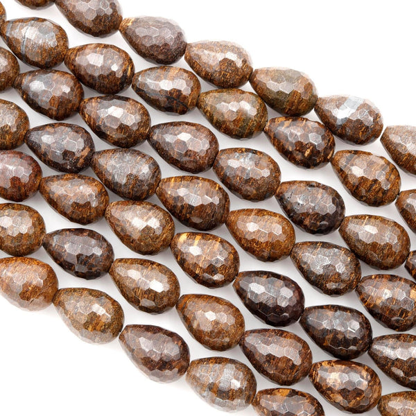 Faceted Natural Bronzite Beads 16mm 18mm Teardrop Vertically Drilled Gemstone 15.5" Strand