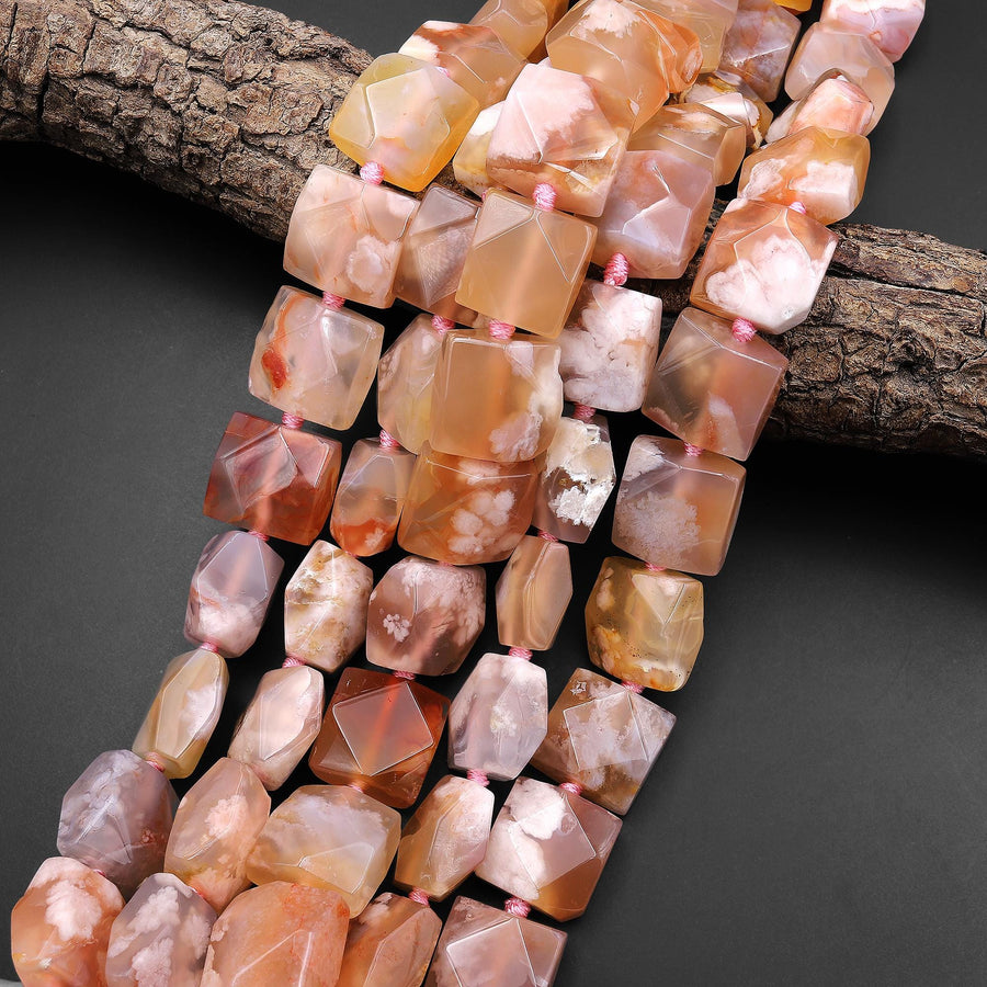 Faceted AAA Natural Cherry Blossom Agate Square Beads Aka Flower Agate 15.5" Strand