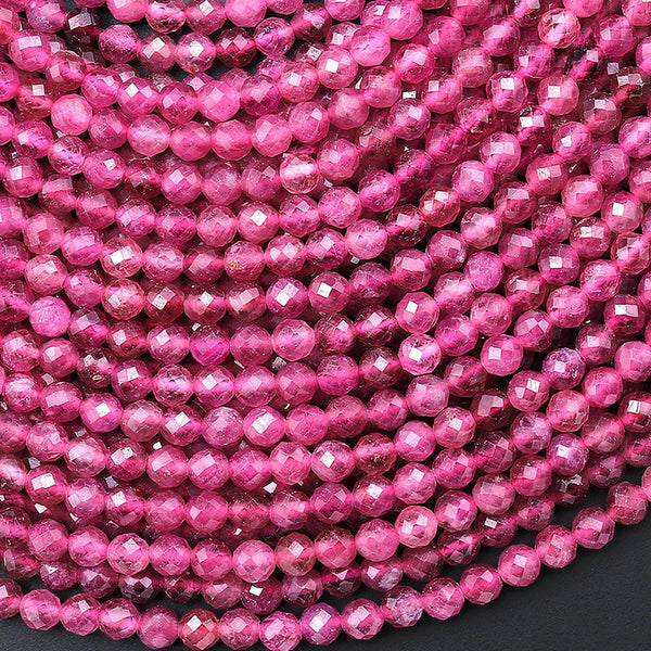 AAA Faceted Natural Fuchsia Pink Tourmaline 4mm Round Beads Gemstone 15.5" Strand