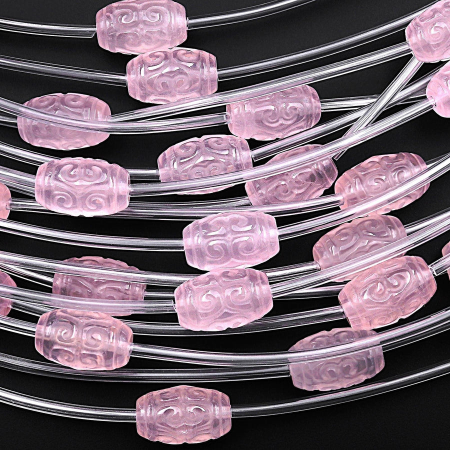 Natural Pink Rose Quartz Hand Carved Etched Dzi Style Gemstone Barrel Beads