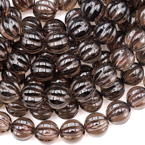 Natural Smoky Quartz Carved Melon Flower Round Beads 12mm 3D