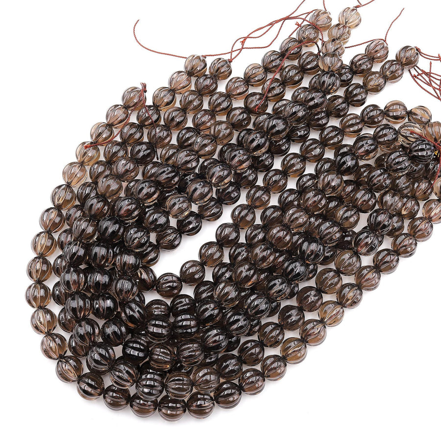 Natural Smoky Quartz Carved Melon Flower Round Beads 12mm 3D