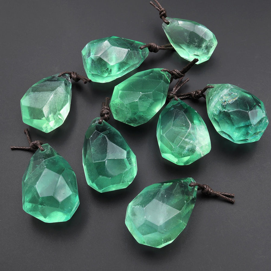 AAA Faceted Natural Green Fluorite Nugget Point Pendant Gemstone Focal Bead