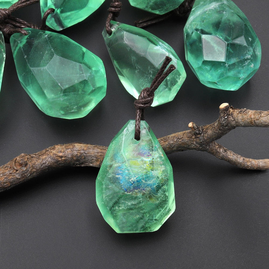 AAA Faceted Natural Green Fluorite Nugget Point Pendant Gemstone Focal Bead A1