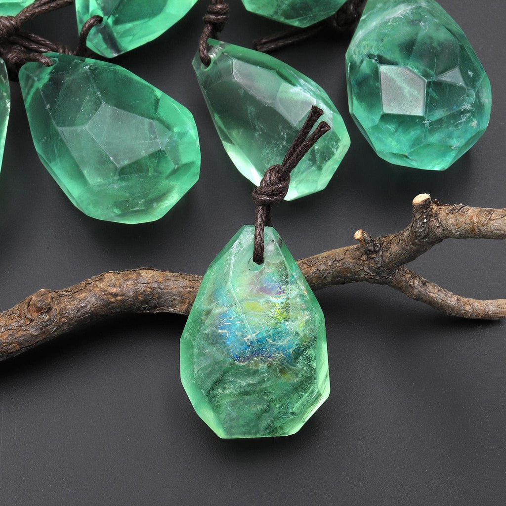 AAA Faceted Natural Green Fluorite Nugget Point Pendant Gemstone Focal Bead