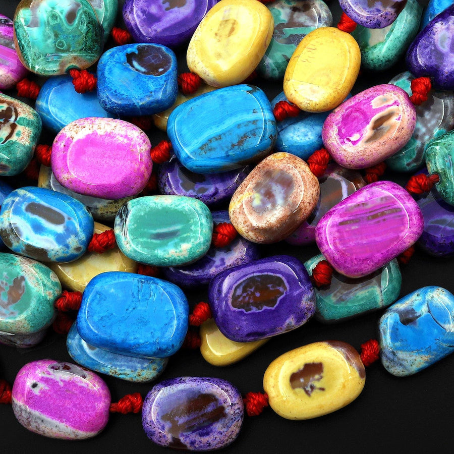 Multicolor Rainbow Agate Beads Smooth Rectangle Vibrant Pink Blue Green Yellow Purple 15.5" Strand