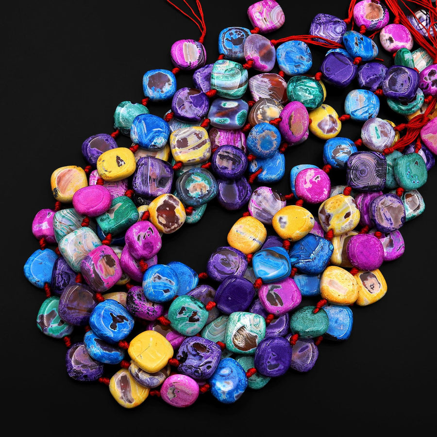 Multicolor Rainbow Agate Beads Smooth Square Diamond Vibrant Pink Blue Green Yellow Purple 15.5" Strand