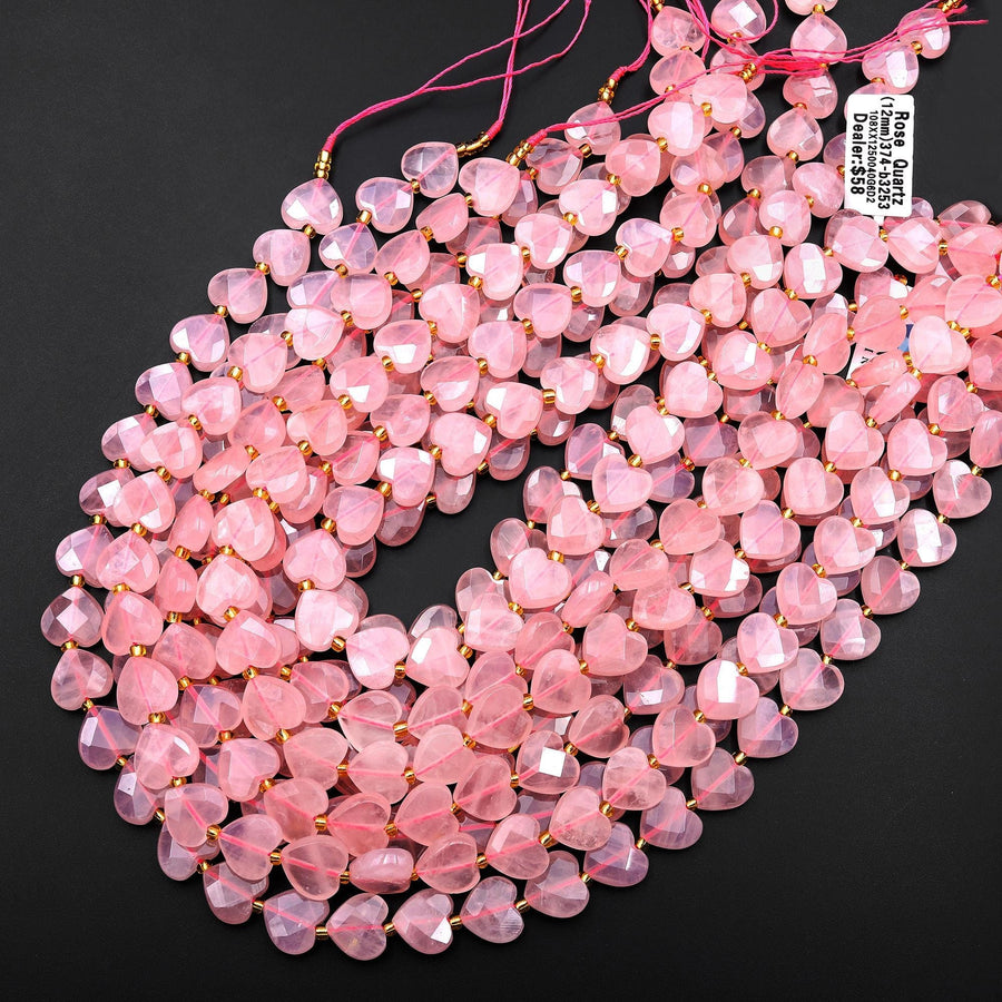 Faceted Natural Pink Rose Quartz Heart Beads 12mm Gemstone 15.5" Strand