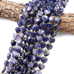 Faceted Natural Iolite Heart Beads 12mm Gemstone 15.5" Strand