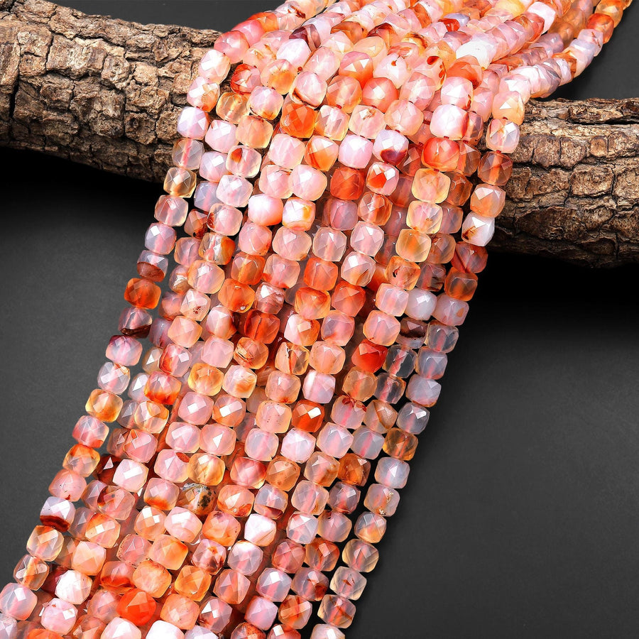 Faceted Natural Red Flower Agate 6mm Gemstone Cube Beads 15.5" Strand