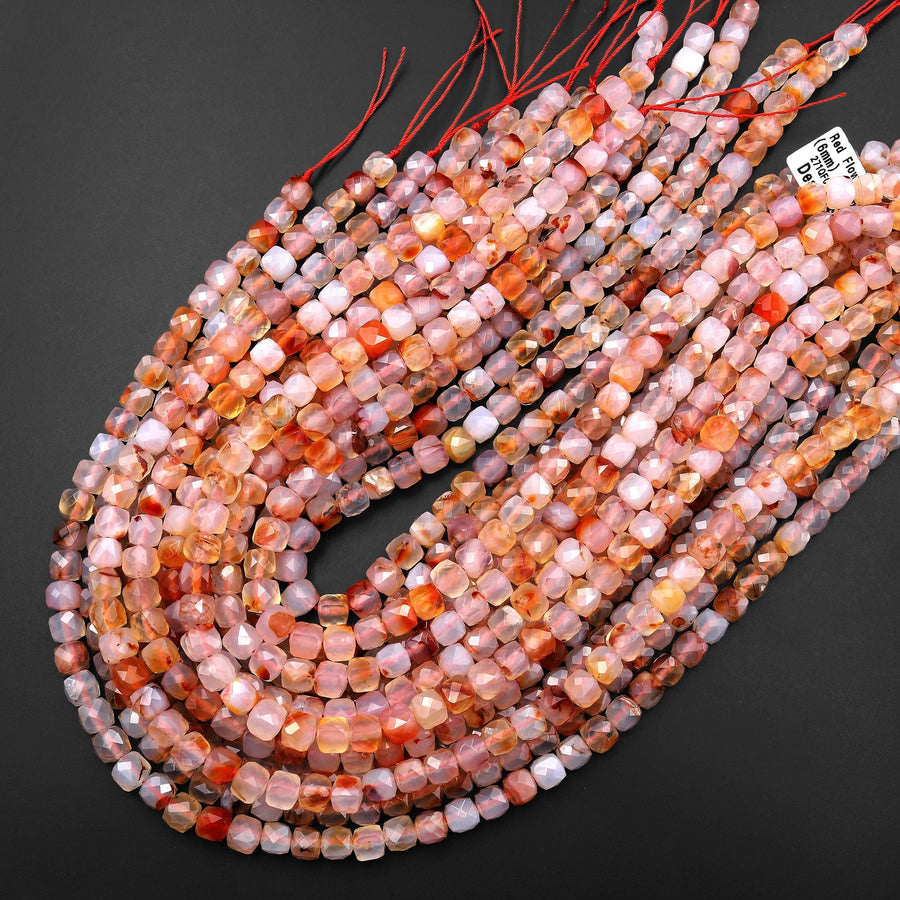 Faceted Natural Red Flower Agate 6mm Gemstone Cube Beads 15.5" Strand