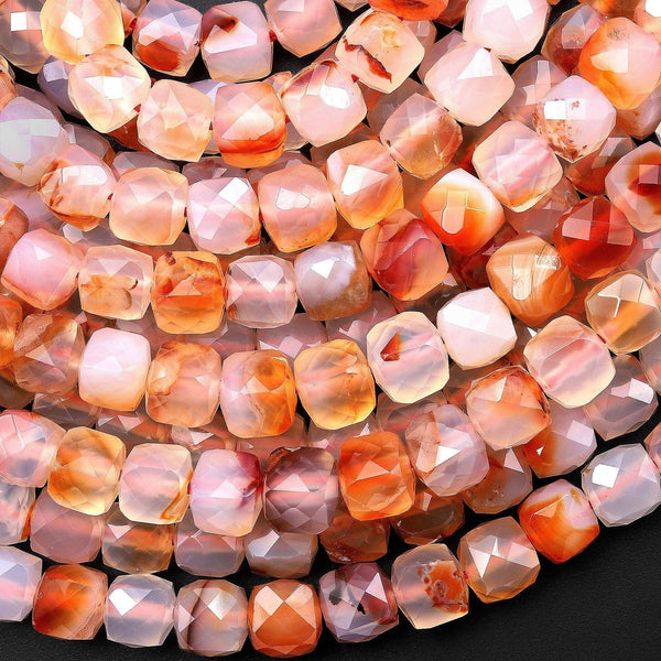 Faceted Natural Red Flower Agate 6mm Gemstone Cube Beads 15.5" Strand