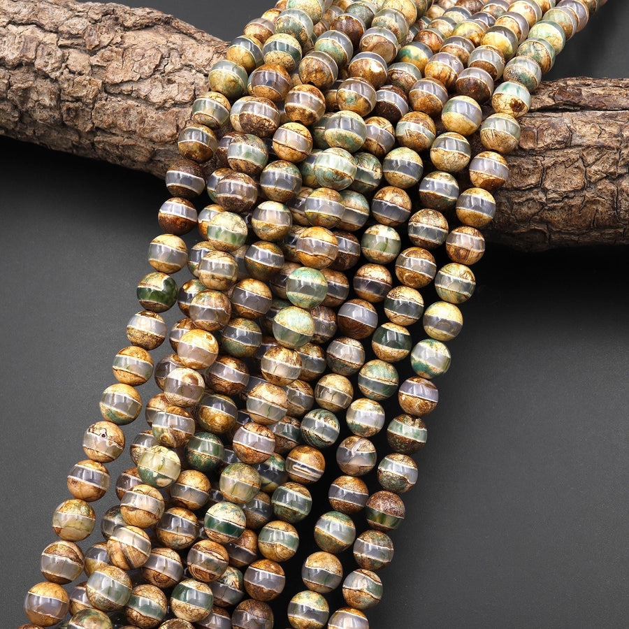 Tibetan Agate 8mm 10mm Round Beads Dzi Agate Green Brown Etched Line Mala Antique Boho Style 15.5" Strand