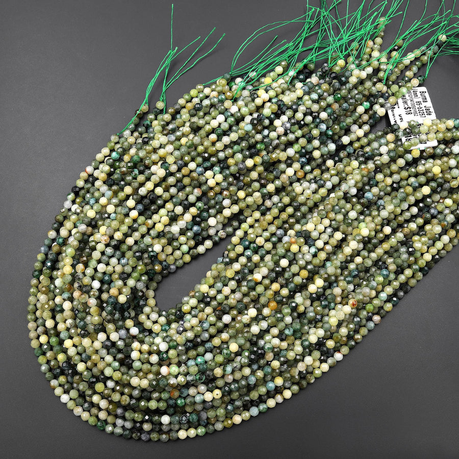 Faceted Natural Yellow Green Burma Jade 3mm 4mm Round Beads Gemstone 15.5" Strand