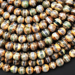 Tibetan Agate 8mm 10mm Round Beads Dzi Agate Green Brown Etched Line Mala Antique Boho Style 15.5" Strand