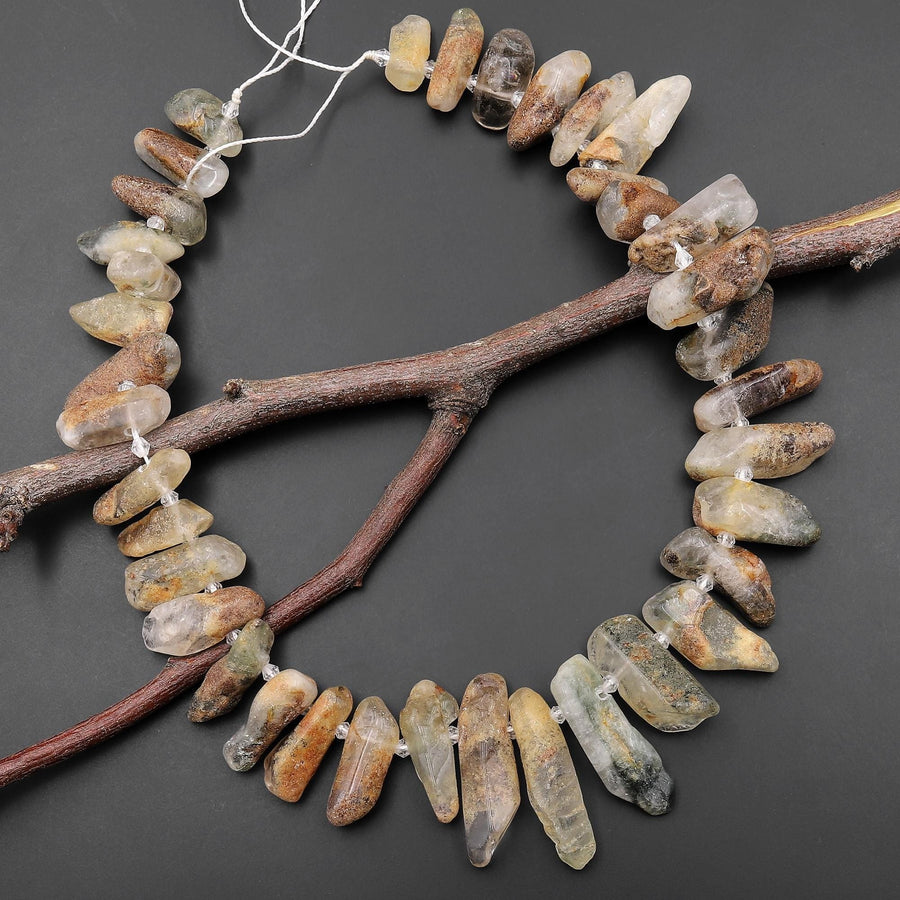 Large Freeform Natural Phantom Lodalite Quartz Beads Healing Crystal Points 15.5" Strand A1