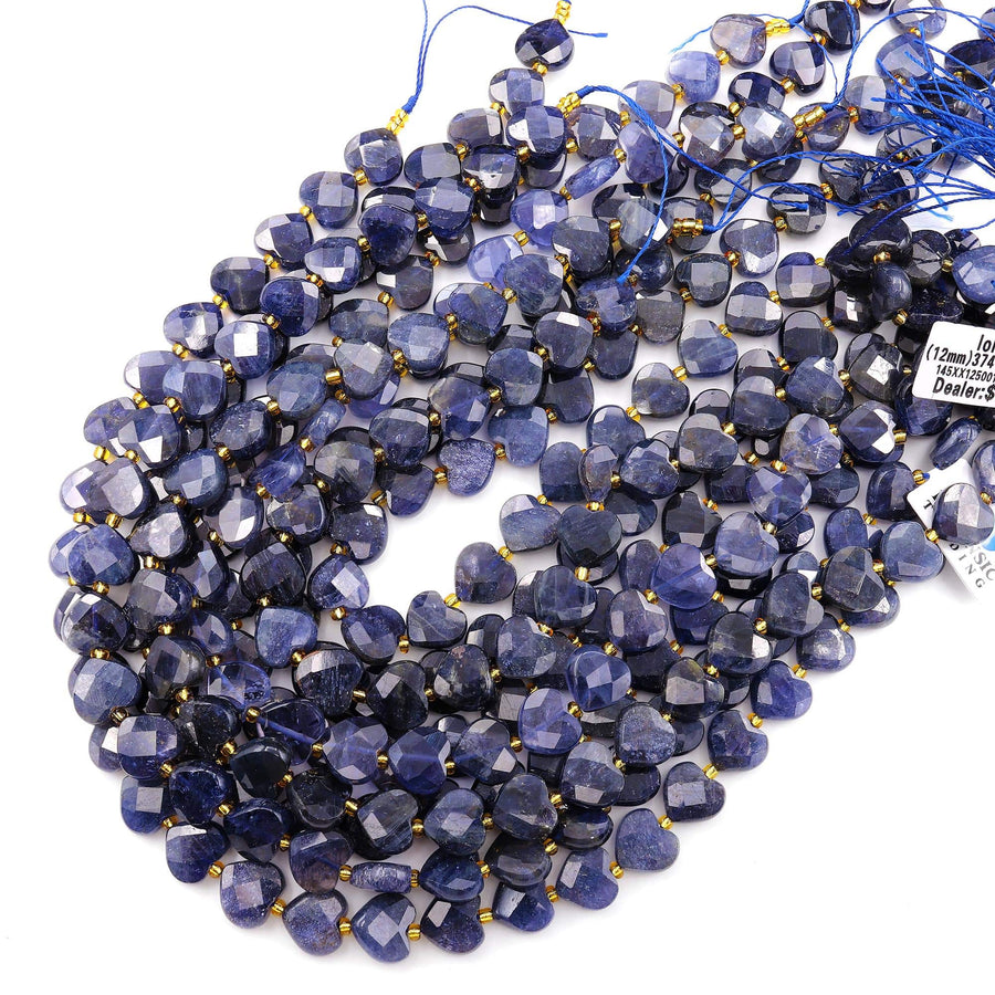 Faceted Natural Iolite Heart Beads 12mm Gemstone 15.5" Strand